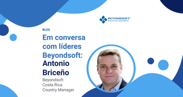 Antonio Brice?o, gerente da Beyondsoft Costa Rica, com o título do blog sobre lideran?a e elementos visuais azuis.