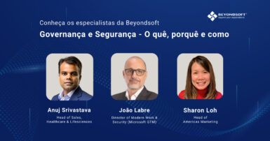 Imagem apresentando três especialistas: Anuj Srivastava, Jo?o Labre e Sharon Loh. O tema abordado é "Governan?a e Seguran?a – O quê, porquê e como". Os nomes e cargos dos palestrantes aparecem abaixo de suas fotos, com fundo azul e elementos gráficos.
