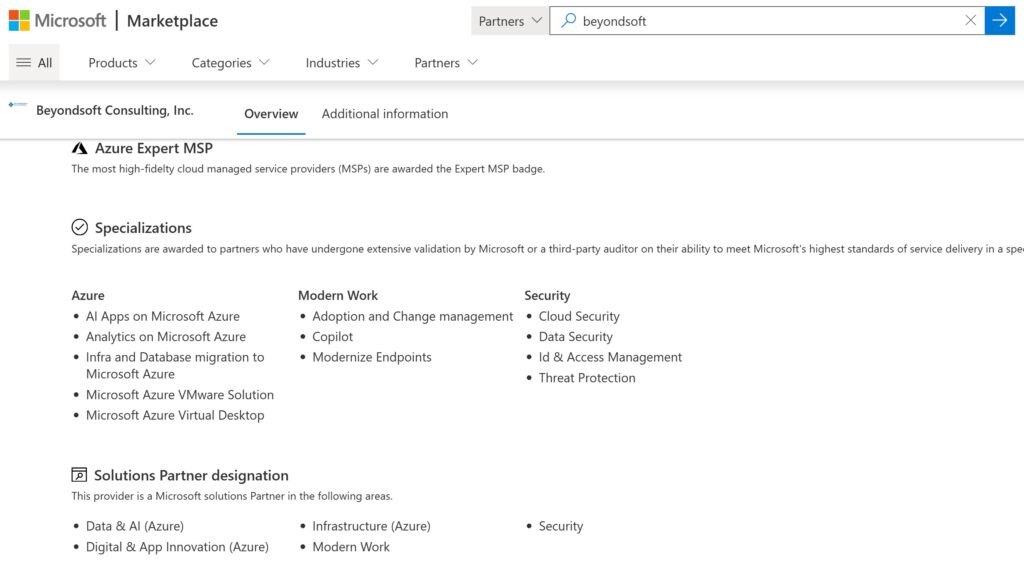 Screenshot of Beyondsoft's Azure Expert MSP listing on the Microsoft Partner Marketplace.